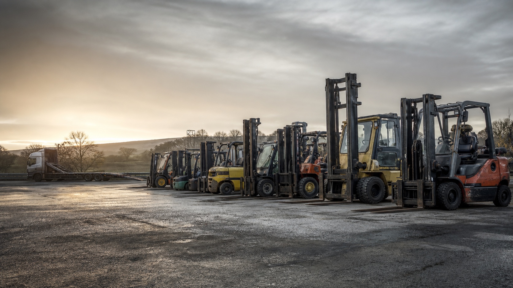 Forklift trucks lined up in a machinery yard