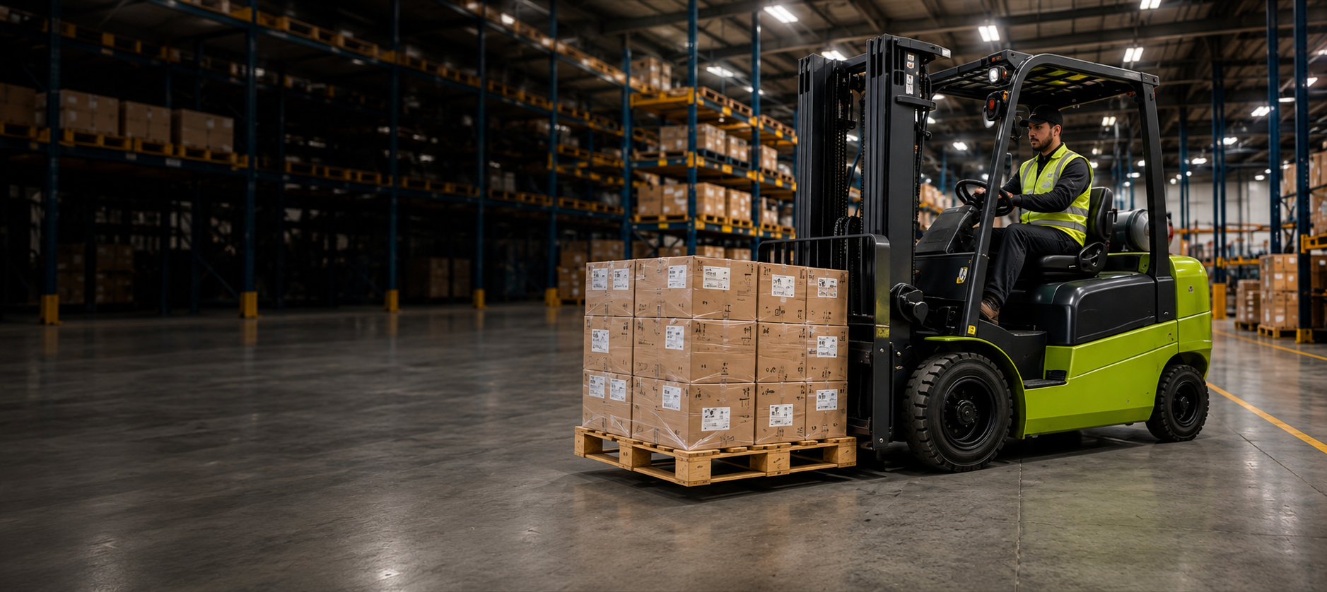 Electric forklift in warehouse